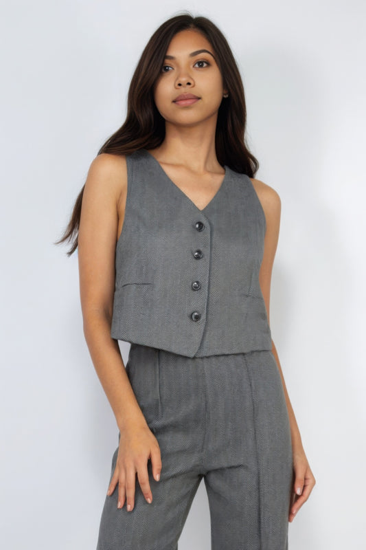 Herringbone V-neck Buttoned Vest Top