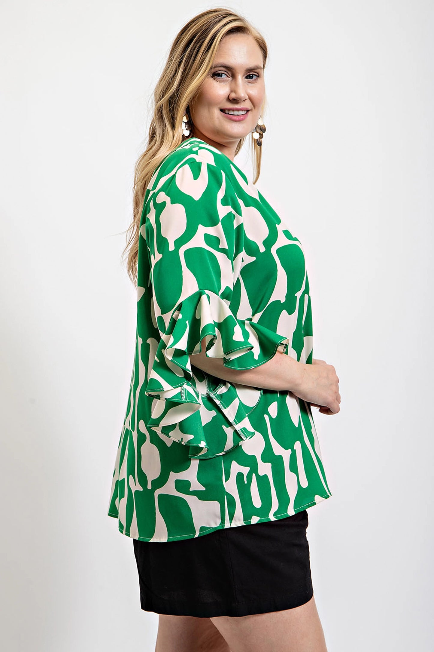 Geometric print ruffled bell sleeve woven top