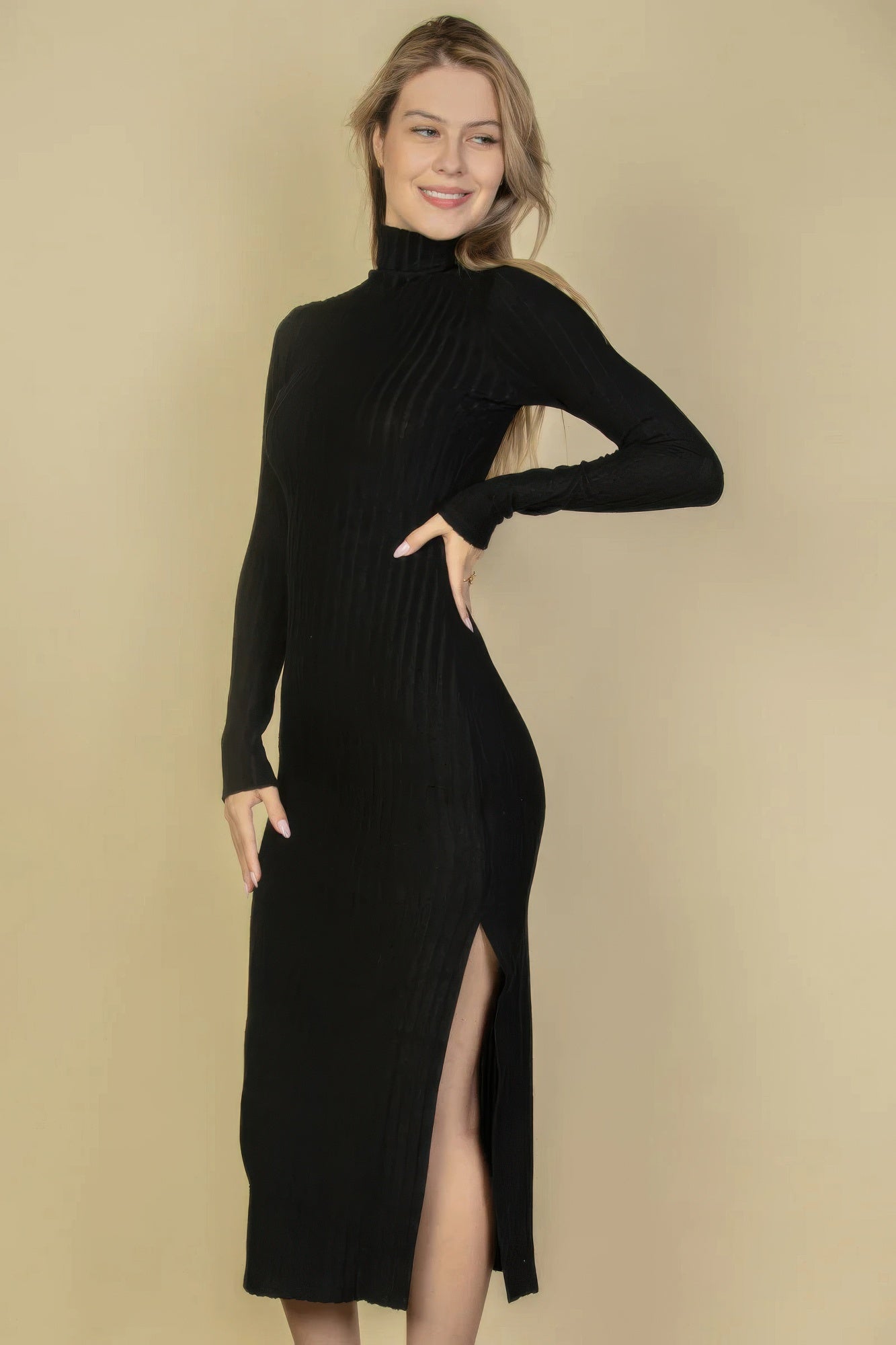 Sweater-knit Fuzzy Turtle Neck Split Thigh Dress